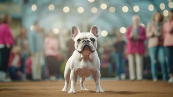 un' pedigree di razza francese bulldog a un esposizione di di razza cani. cane mostrare. animale esposizione. concorrenza per il maggior parte di razza cane. vincitore, primo posto, principale premio. ai generato foto