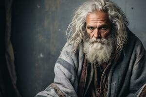 senza casa persona avvicinamento. trasandato senza casa uomo con lungo grigio capelli, barba, baffi nel vecchio sporco Abiti. puro penetrante sguardo. vagabondo, mendicante. sociale i problemi. vagabondo moda. ai generato foto