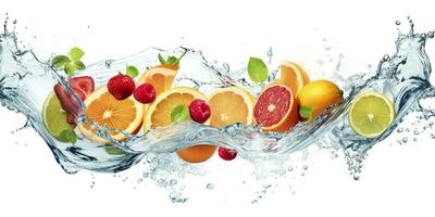 turbine acqua spruzzo con frutta. liquido flusso con ghiaccio cubi e un' mescolare di fresco frutta. generativo ai foto