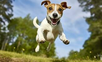 Jack russel parroco cane correre verso il telecamera Basso angolo alto velocità sparo. ai generato foto