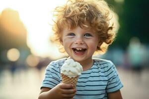 carino ragazzo Tenere gelato su cialda cono a il parco. generativo ai. foto