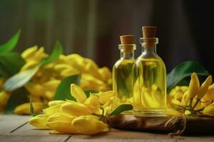 ylang ylang o Cananga odorata fiore essenziale olio a fianco ylang ylang o Cananga odorata fiore su un' tavolo foto
