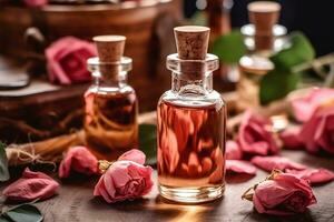 rosa essenziale olio a fianco rosa e rosa le foglie su un' tavolo ai generato foto