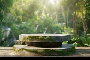 3d interpretazione pietra Prodotto Schermo podio per Prodotto con verde natura giardino sfondo ai generato foto
