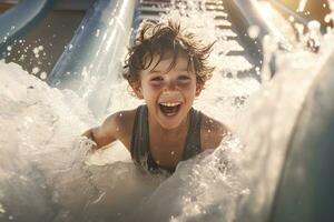 ragazzo sorridente giocando cursore a divertimento parco. generativo ai. foto