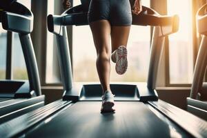 donna jogging su il esercizio macchine nel il palestra. generativo ai. foto