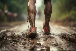 gruppo di vicino dalle gambe corridori in esecuzione su terra . Atletica nel il fango. Immagine generato di ai. foto