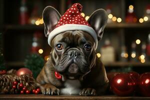 cane e gatto di un' gattino nel un' Natale Santa cappello, avvicinamento. generativo ai foto