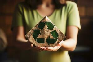 riciclare simbolo su mano e Borsa, sostenibile e eco ambiente concetto. generativo ai foto