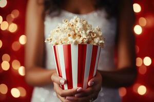 vicino su su un' rosso e bianca a strisce Popcorn tazza nel un' film Teatro. generativo ai foto