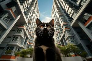 un' gatto con lungo pelliccia si siede nel il condominio . per annuncio pubblicitario appartamento , . generativo ai foto