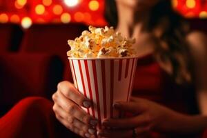 vicino su su un' rosso e bianca a strisce Popcorn tazza nel un' film Teatro. generativo ai foto