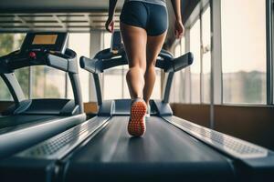 donna jogging su il esercizio macchine nel il palestra. generativo ai. foto