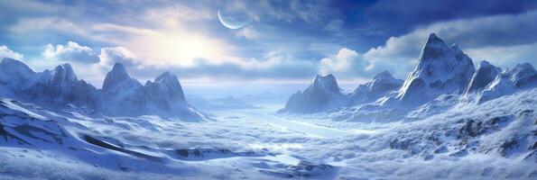 vasto desolato neve terra, grande montagne nel il sfondo, nevicata con leggero blu cielo e leggero blu colori, tranquillo, calmo atmosfera, ai generativo foto