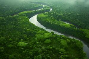 aereo Visualizza di il Amazonas giungla paesaggio con fiume piegare. generativo ai foto