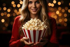 vicino su su un' rosso e bianca a strisce Popcorn tazza nel un' film Teatro. generativo ai foto