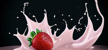ai generativo fragola latte spruzzi con fragola isolato su nero sfondo. fragola caduta in rosa latte o Yogurt cremoso liquido bevanda spruzzata. latteo spruzzo con fragole contro B foto