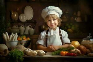 energico cucinare bambino ragazzo cucina. creare ai foto