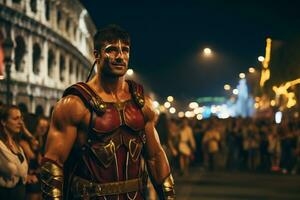 un' strada esecutore vestito come un' romano Gladiatore un' foto di un' corridore sprint attraverso un' città parco ai generativo