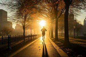 un' foto di un' corridore sprint attraverso un' città parco ai generativo