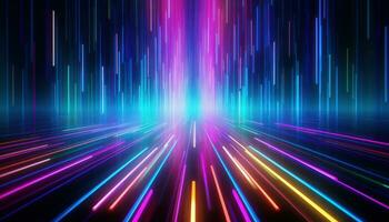 astratto moderno neon leggero Linee con alto velocità movimento sfocatura effetto su buio sfondo. generativo ai foto