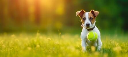 Jack russell terrier giocando con un' sfera, animali domestici, copia spazio, bandiera idea. ai generato foto