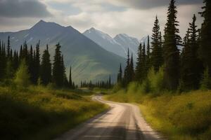 alaska strada lungo il bordi di un' conifere. fotorealistico Immagine. ai generato. foto