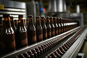 birra bottiglie su produzione linea. trasportatore cintura nel automatizzato birra fabbrica. generativo ai foto