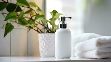 bianca bottiglia con un' pompa per liquido sapone nel il interno di un' casa bagno. ai generato. foto