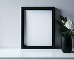bianca vuoto telaio modello con nero confine su parete e fiore ai creare foto