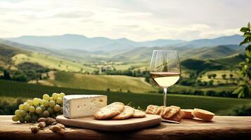 un' bicchiere di vino, formaggio e un' mazzo di uva contro il fondale di un' montagna paesaggio. ai generato. foto