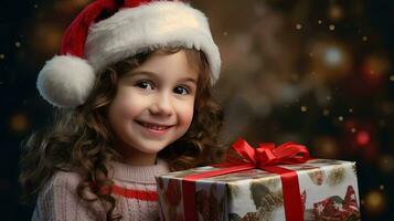 un' poco ragazza detiene un' regalo scatola con un' Natale o nuovo anni regalo. ai generato foto