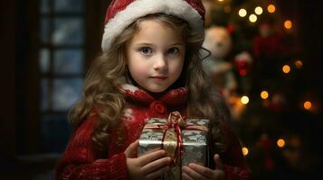 un' poco ragazza detiene un' regalo scatola con un' Natale o nuovo anni regalo. ai generato foto