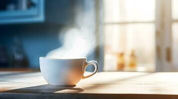 un' tazza di caffè su un' piattino è su il tavolo. ai generato. foto