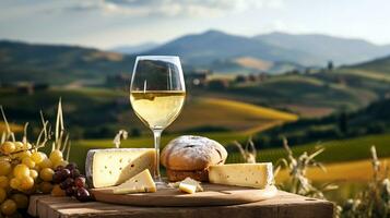 un' bicchiere di vino, formaggio e un' mazzo di uva contro il fondale di un' montagna paesaggio. ai generato. foto