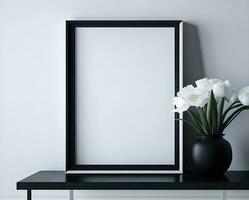 bianca vuoto telaio modello con nero confine su parete e fiore ai creare foto