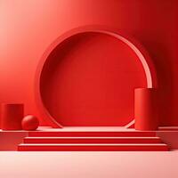 rosso spazio, podio, camera per dimostrando prodotti. semplice scena per pubblicità cosmetici, Oggetti, merce. generativo ai foto