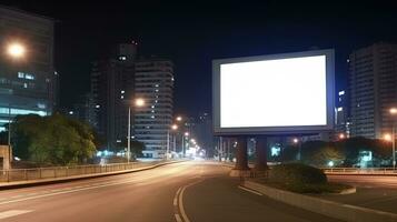 pubblicità finto su vuoto tabellone a notte tempo con strada leggero con copia spazio per pubblico informazione tavola tabellone vuoto per all'aperto pubblicità manifesto foto