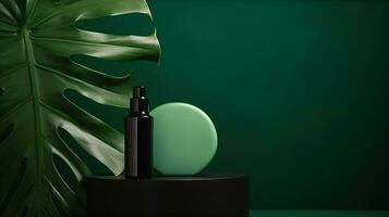 premio podio sfondo per il presentazione cosmetico Prodotto con bottiglia verde tropicale pianta foglia per bellezza trattamento prodotti foto