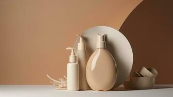 premio podio sfondo per il presentazione cosmetico Prodotto fondazione crema con uno bottiglia per bellezza trattamento Prodotto su beige sfondo foto