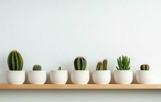cactus impianti su un' bianca parete con un' legna ripiano. bandiera con copia spazio su il lato. ai generativo foto