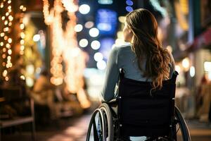 giovane portatori di handicap donna nel sedia a rotelle nel il strada sera, godendo un' camminare all'aperto, ai generativo. foto