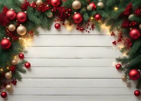 bianca di legno struttura con Natale ornamento palle e pino albero decorazione telaio con copyspace. ai generato foto