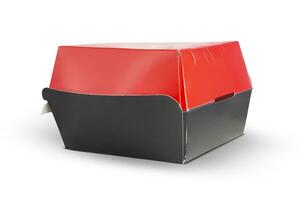 vuoto chiuso rosso e nero mestiere hamburger scatola isolato su bianca sfondo foto