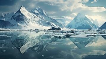 nevoso montagne riflessa nel calma acqua in giro ghiaccio floe foto