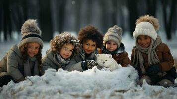 gruppo di contento bambini giocando con neve nel inverno foresta a Natale volta. foto