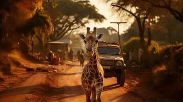 giraffa contro safari suv nel il savana di Africa, kenya, Africa foto