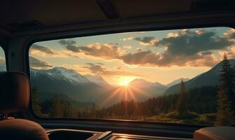 bellissimo Visualizza di sereno montagna paesaggio a partire dal dentro un' camper camion ai generato foto