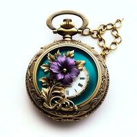 bellissimo viola vittoriano tasca orologio su un' catena clipart illustrazione, ai generato, ai generato foto