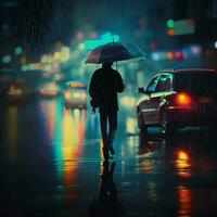 pe a piedi uomo prana, fantastico, colore ombrello auto sera buio cityscaarking laser leggero sfocato. ai generativo foto
